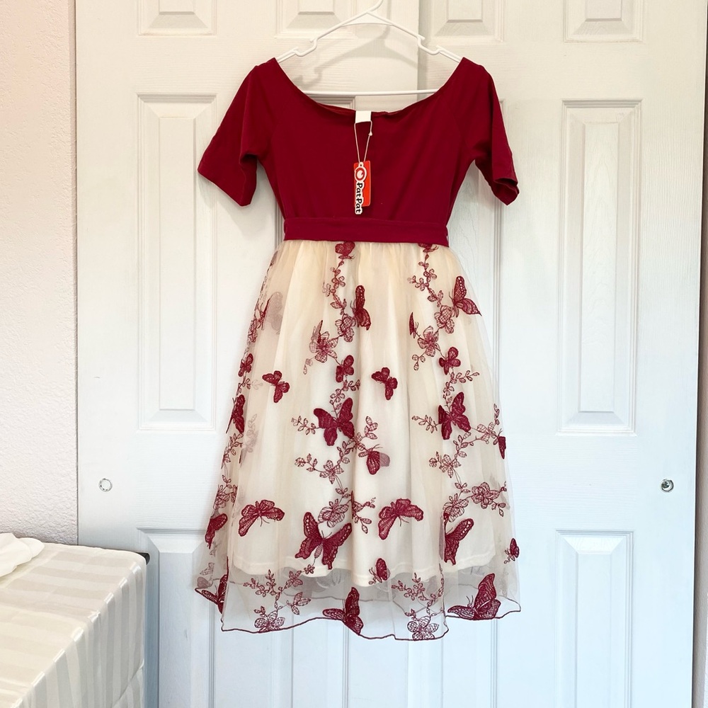 Burgundy Off-Shoulder Butterfly Embroidered Tulle / Mesh Dress, Women Size S - Picture 6 of 10